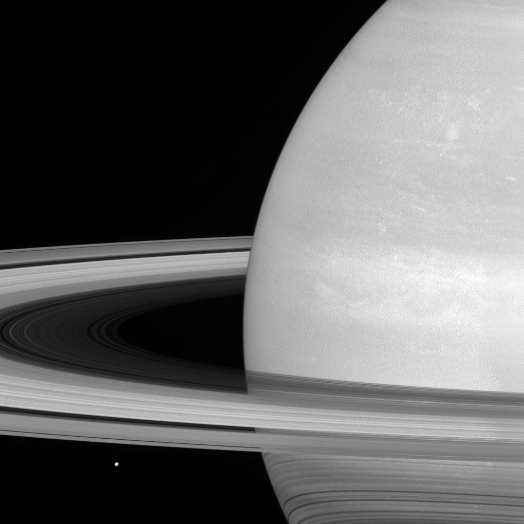 Mimas and Saturn's rings in Black and White